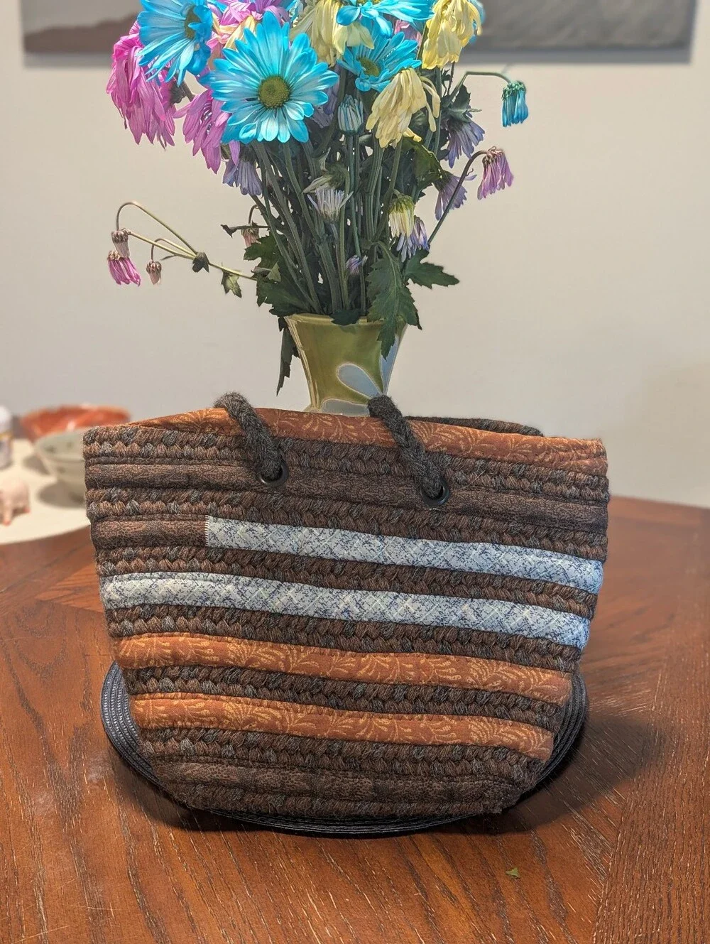 Alpaca Wool Striped Woven Tote in Brown, Orange & Blue. Artisanal. Boho.